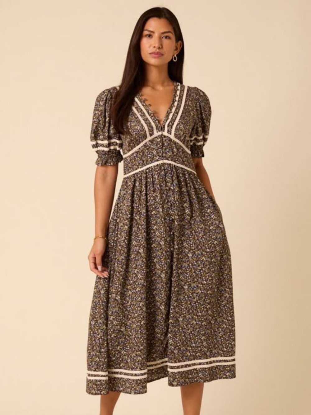 Nobodys child Brown Ditsy Floral Puff Sleeve Saffy Midi Dress